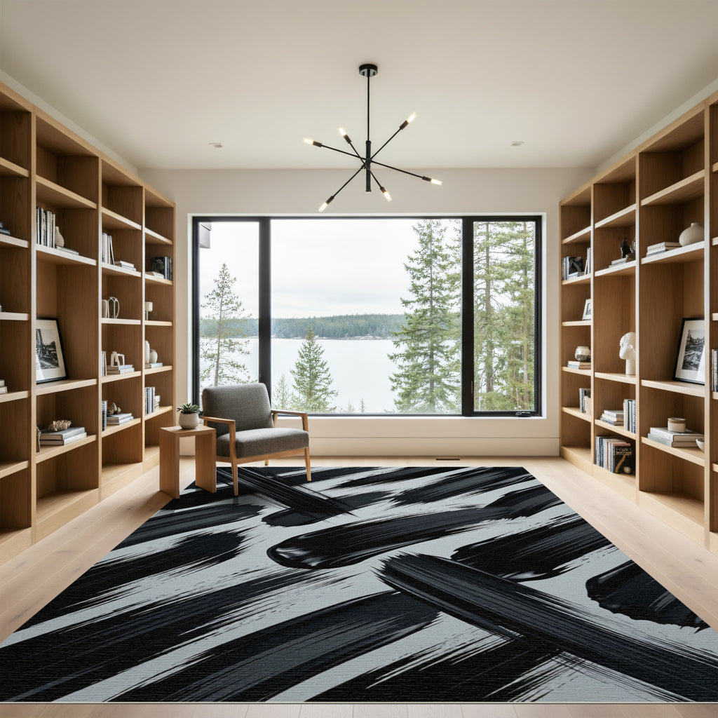 Modern Abstract Black Ink Brushstroke Rug
