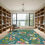 Teal Background Floral Bouquet Collage Rug