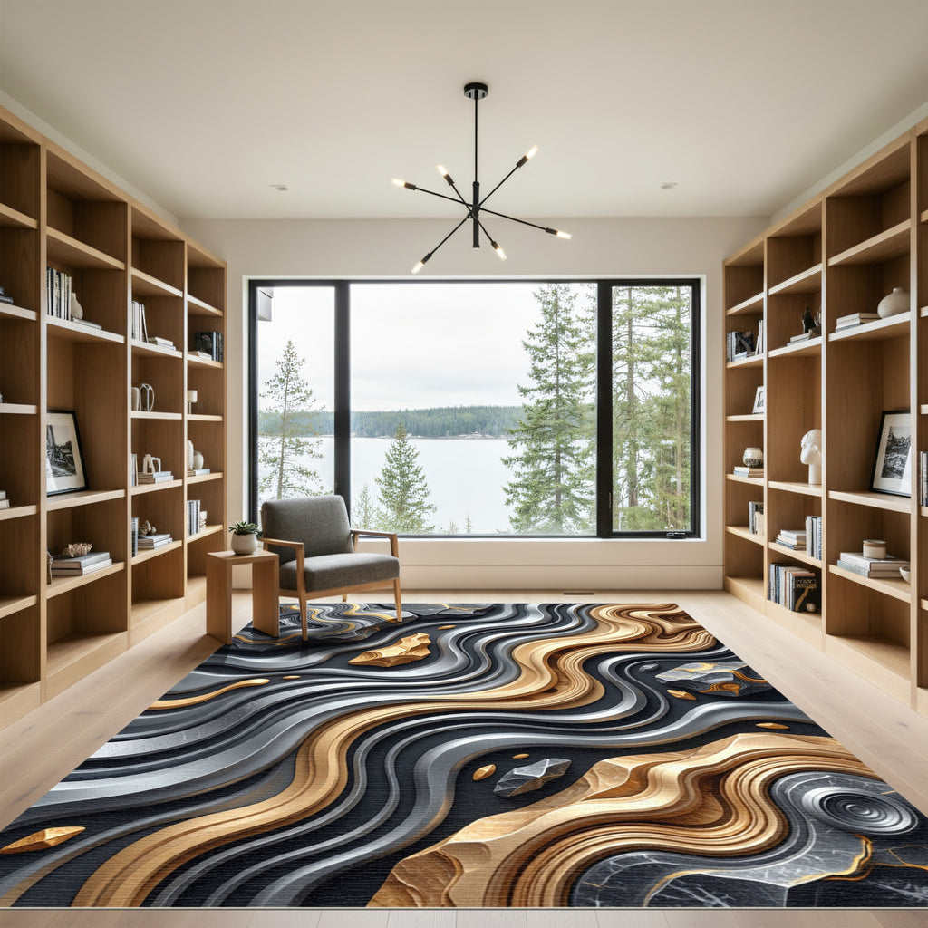 Metallic Gold and Silver Abstract Wave Rug