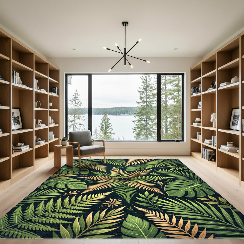 Lush Emerald Gold Tropical Jungle Flora Rug