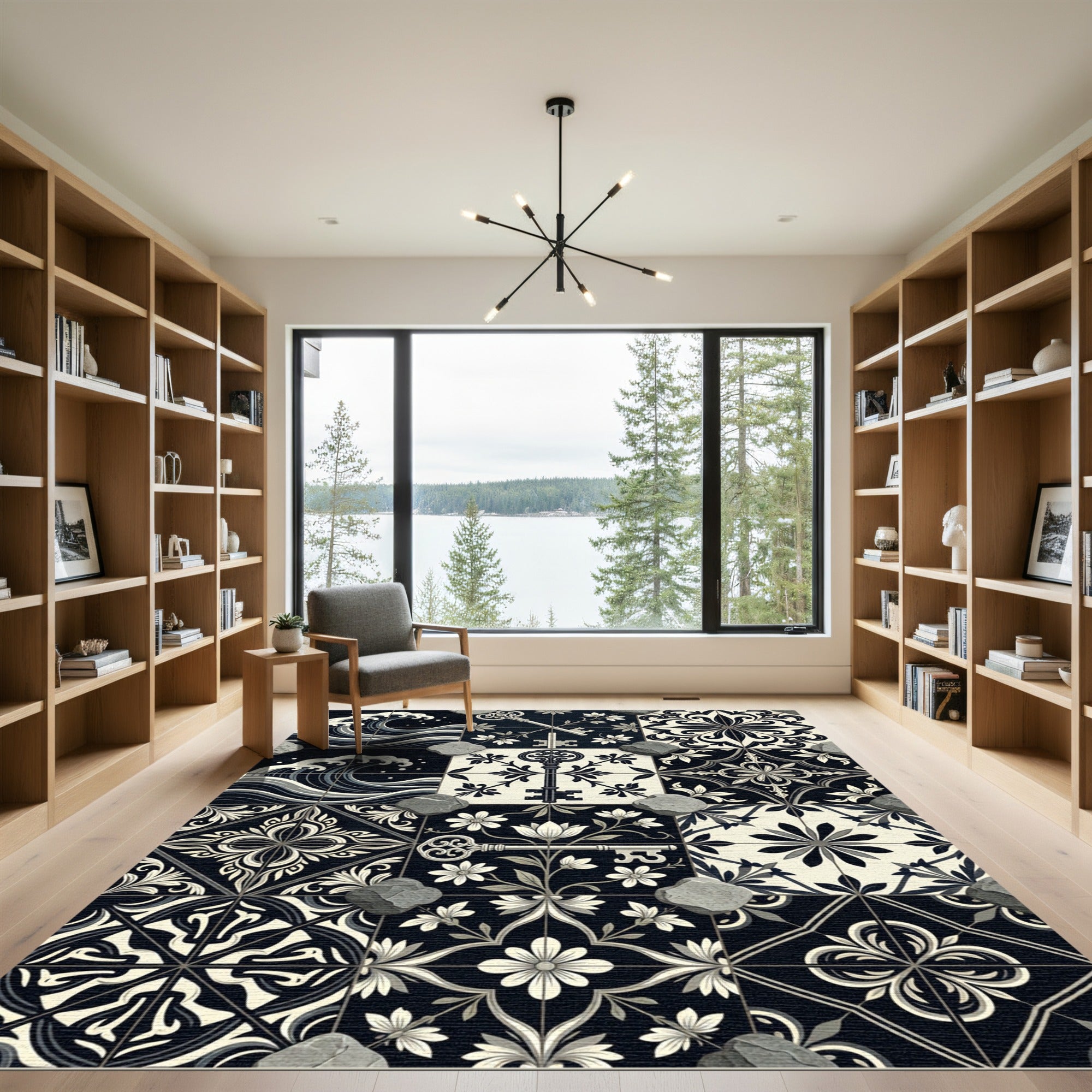 Black Cream Vintage Key Floral Tiles Rug