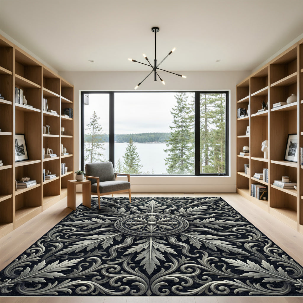 Ornate Silver Acanthus Scrollwork Rug