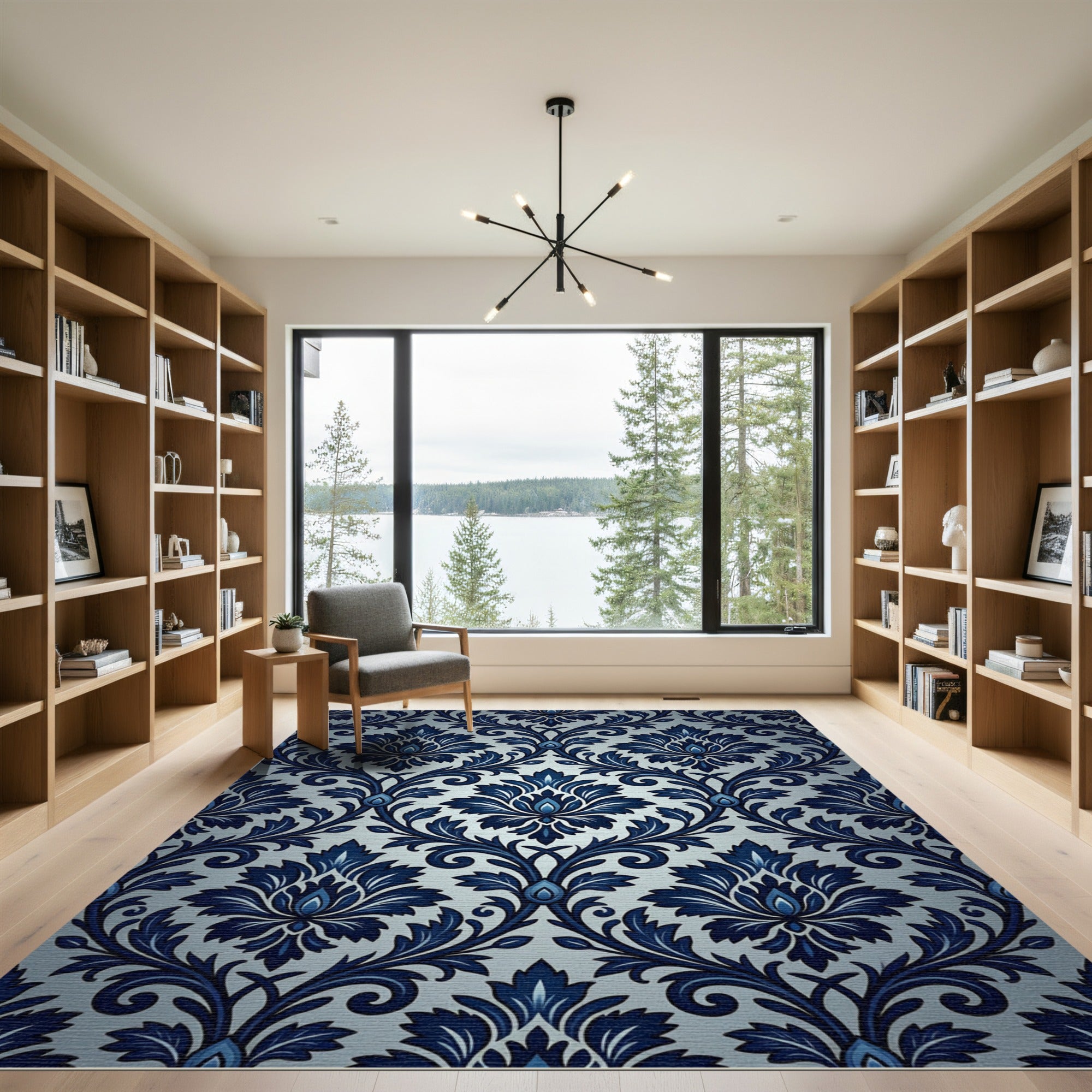 Ornate Royal Blue Damask Floral Rug