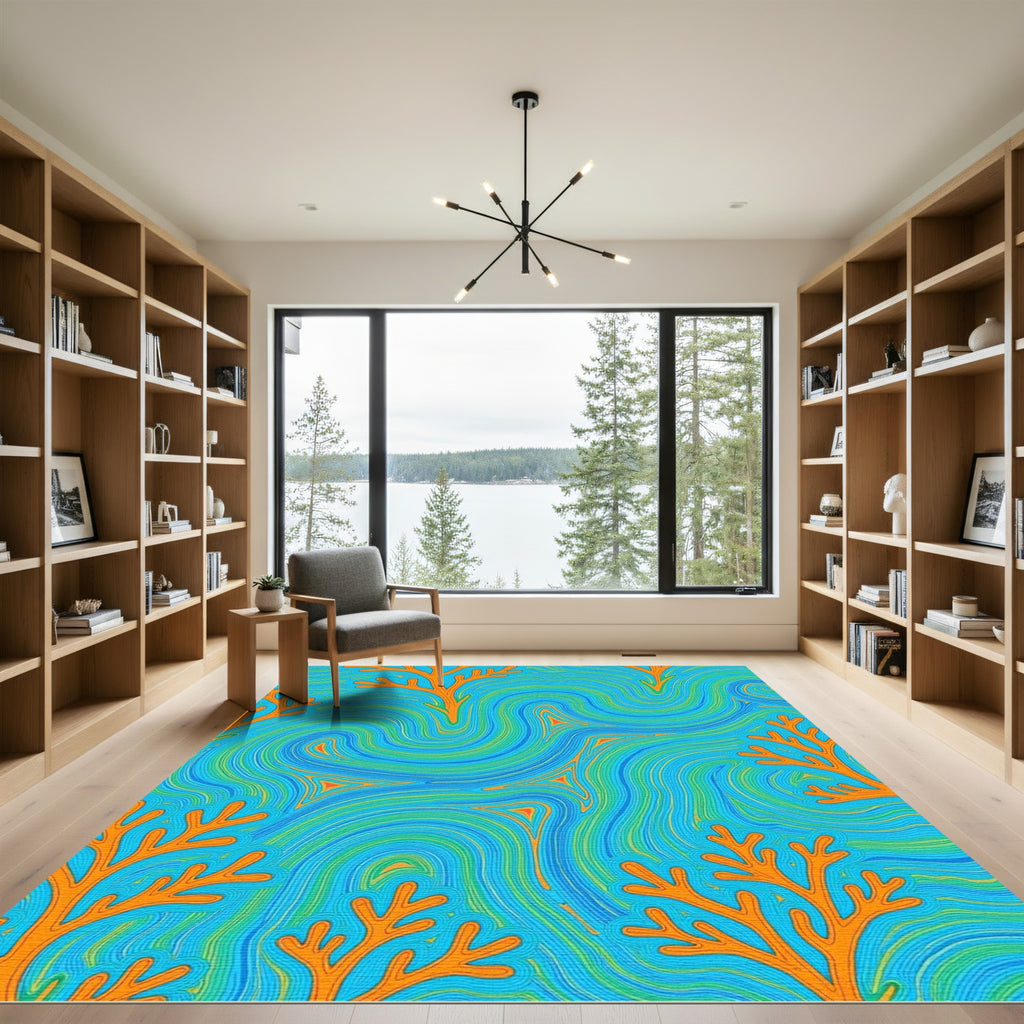 Orange Coral Blue Swirl Lines Rug