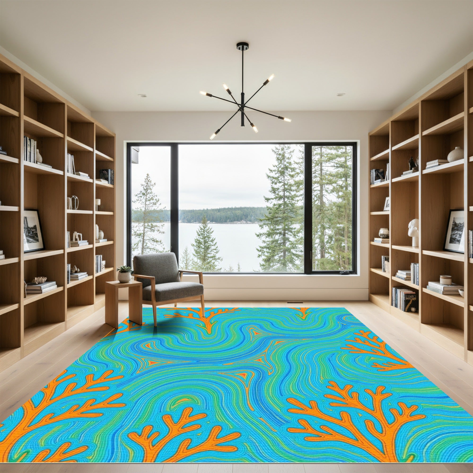 Orange Coral Blue Swirl Lines Rug