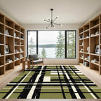 Olive and Black Distressed Plaid Grid Rug