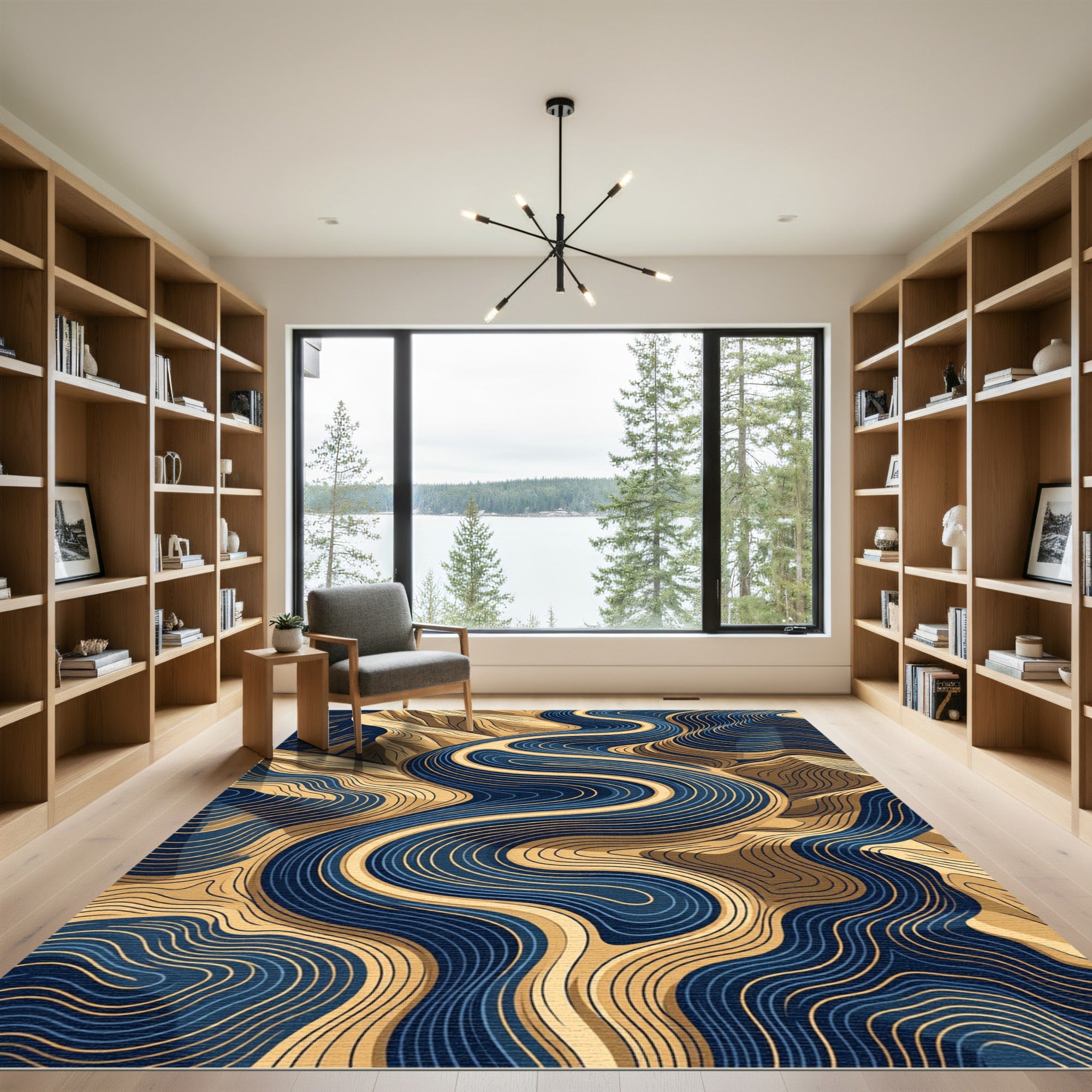 Modern Abstract Navy and Gold Swirl Rug