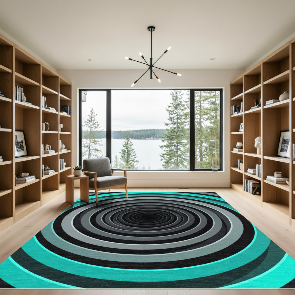 Modern Cyan and Gray Vortex Tunnel Rug