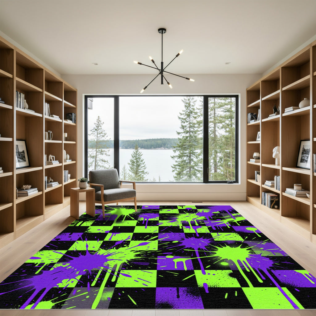 Neon Green and Purple Paint Splatter Rug