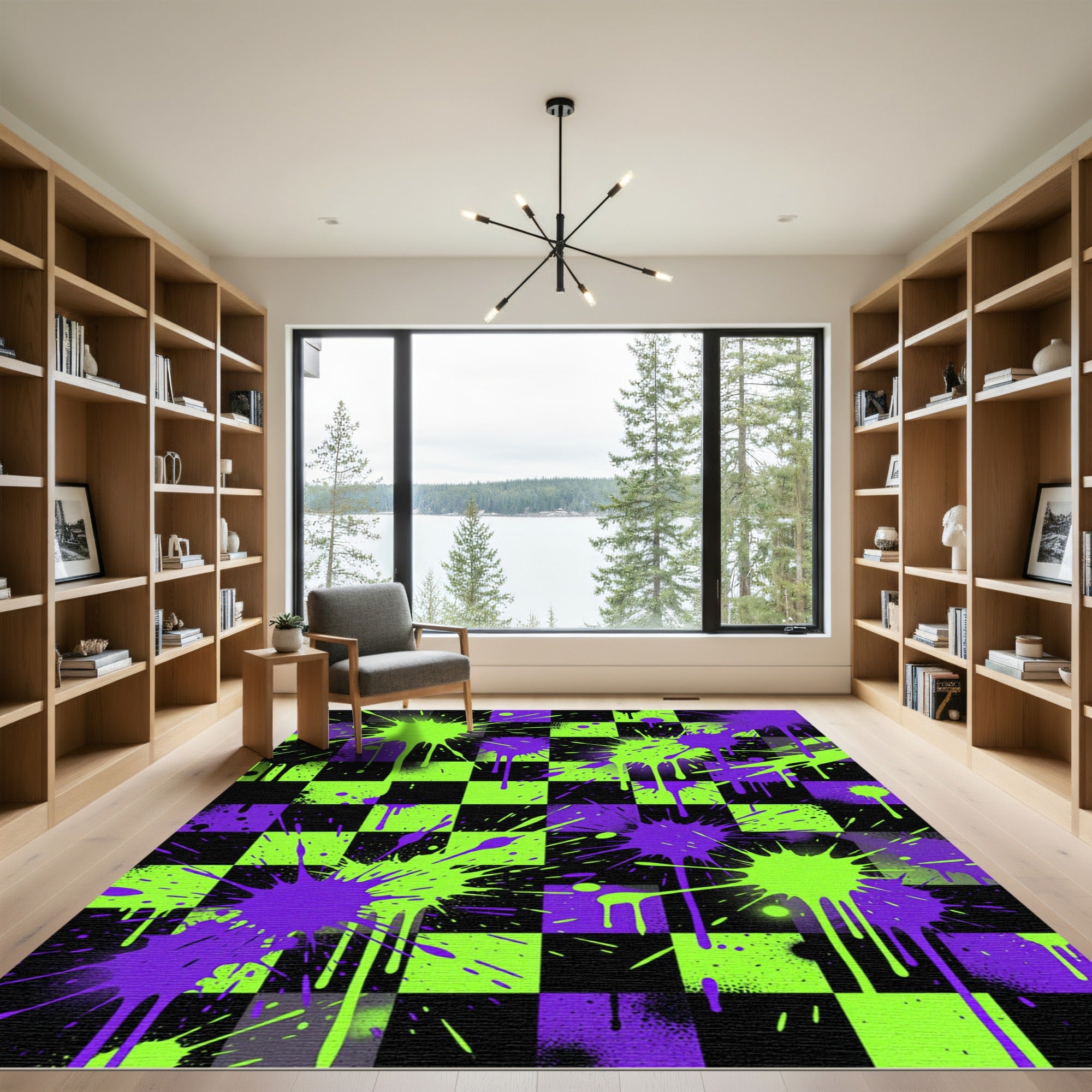 Neon Green and Purple Paint Splatter Rug