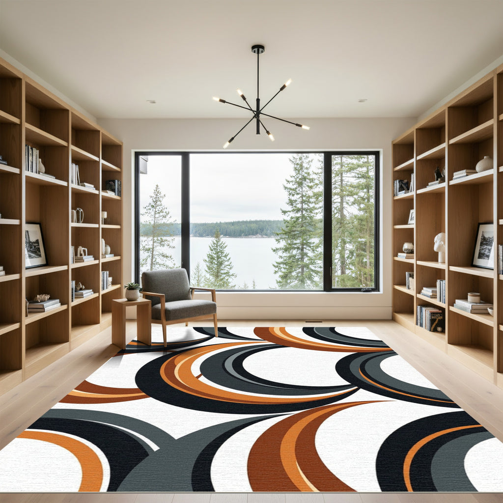 Modern Abstract Bronze and Charcoal Crescent Swirl Rug