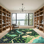 Ornate Nautical Compass Forest Topographic Map Rug