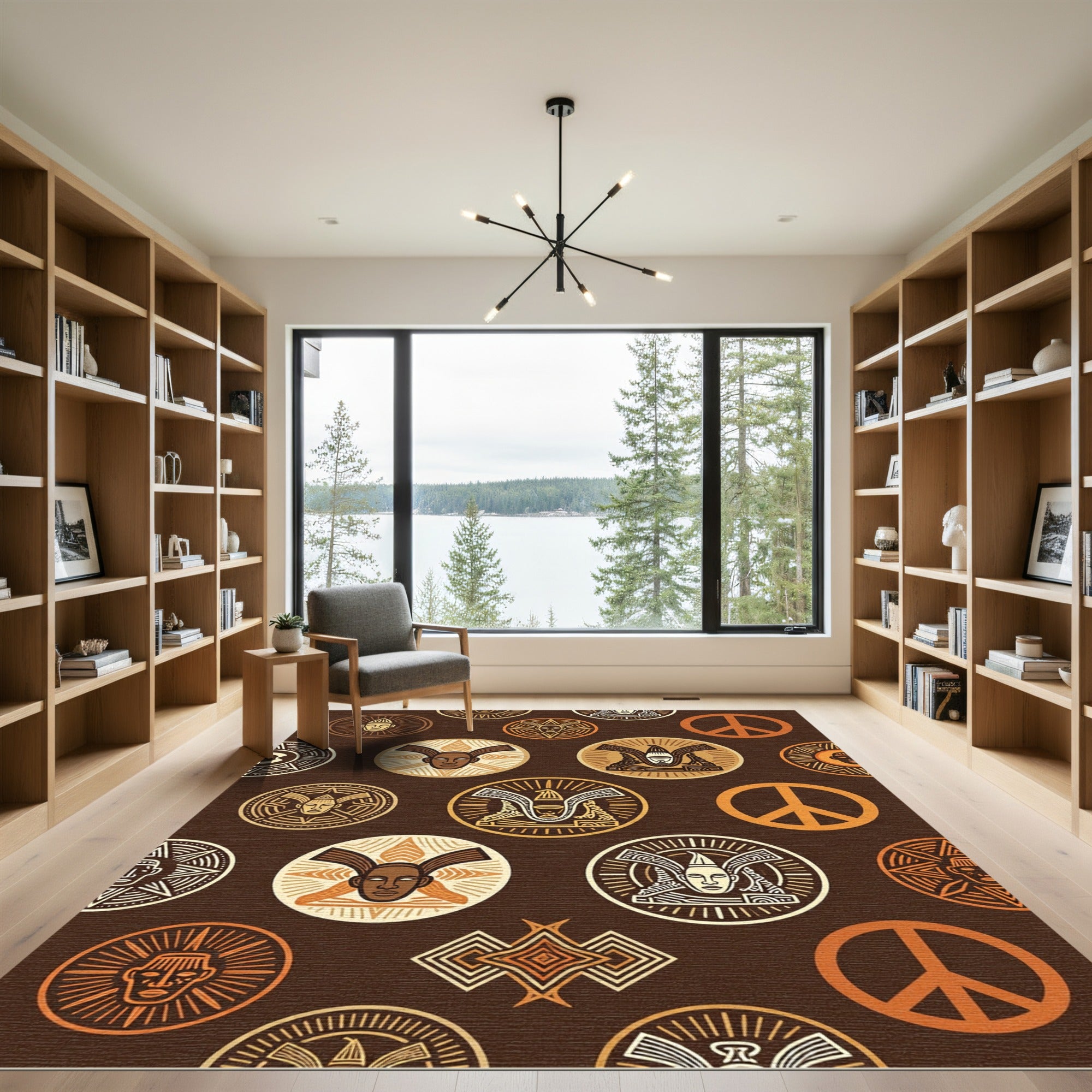 Earthy Brown Ancestral Mask Peace Sign Rug