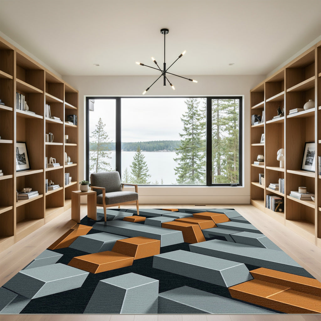 Isometric Gray and Amber Geometric Blocks Rug