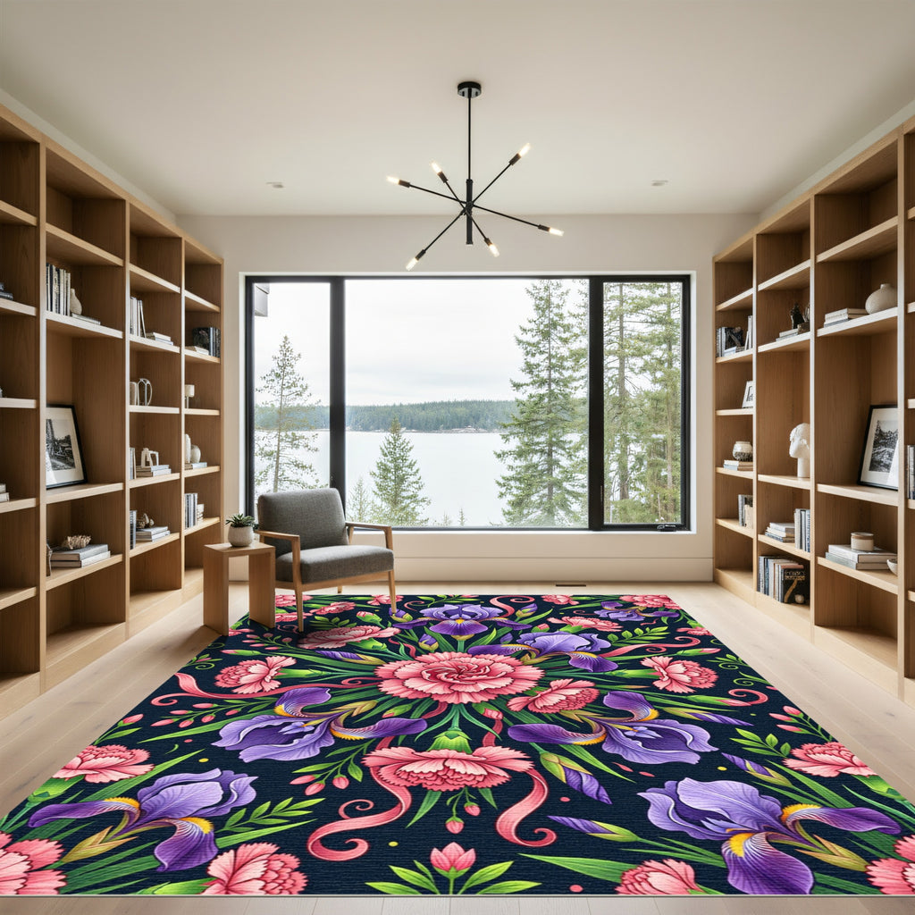 Vibrant Pink Carnation and Purple Iris Rug
