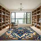 Royal Blue Golden Chrysanthemum Floral Overlay Rug