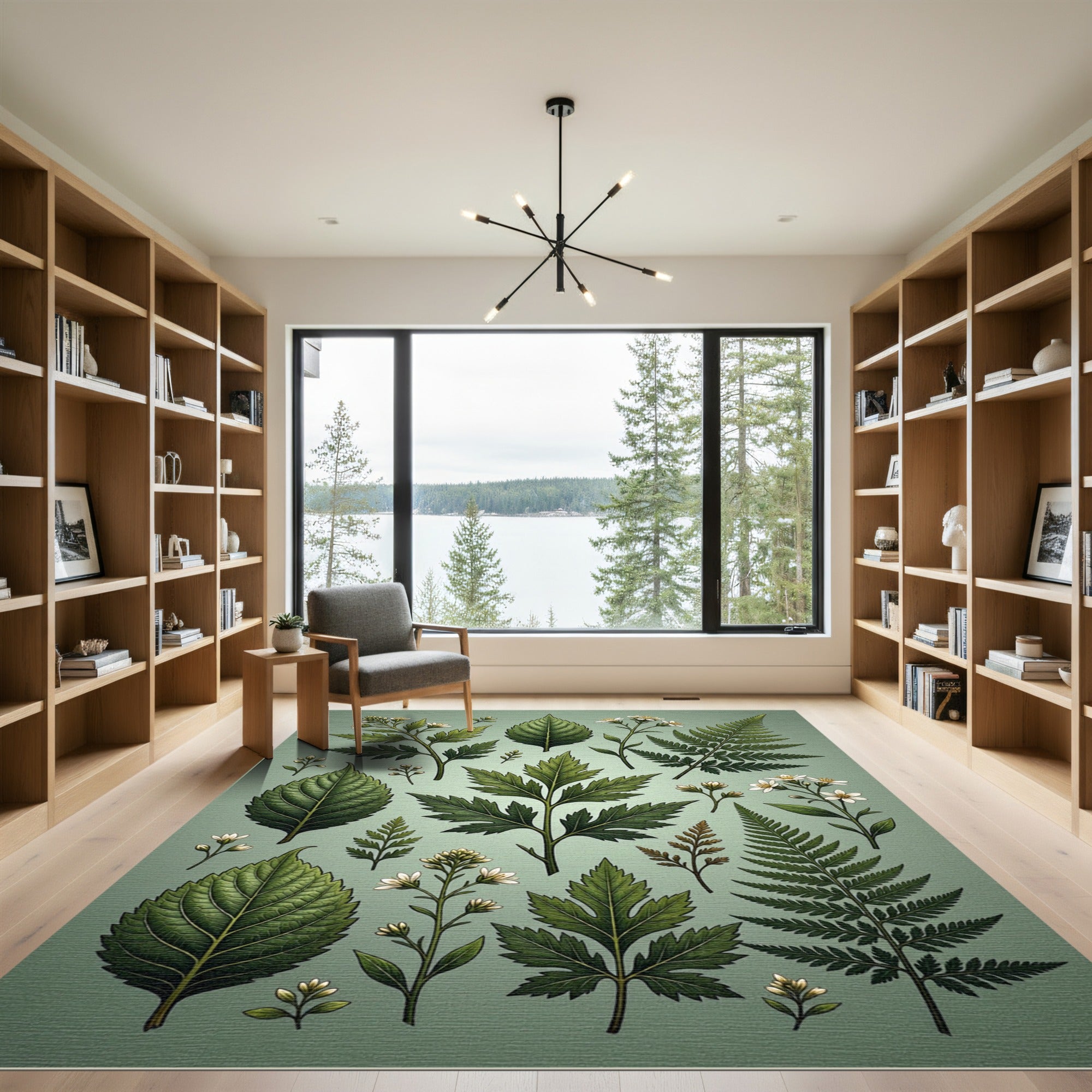 Botanical Sage Pressed Fern Leaf Illustration Rug
