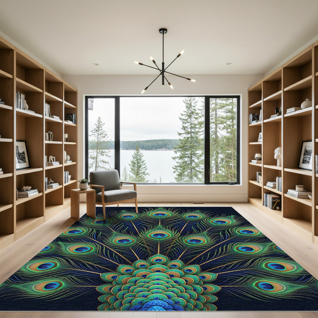 Vibrant Peacock Feather Radiating Lush Teal Rug