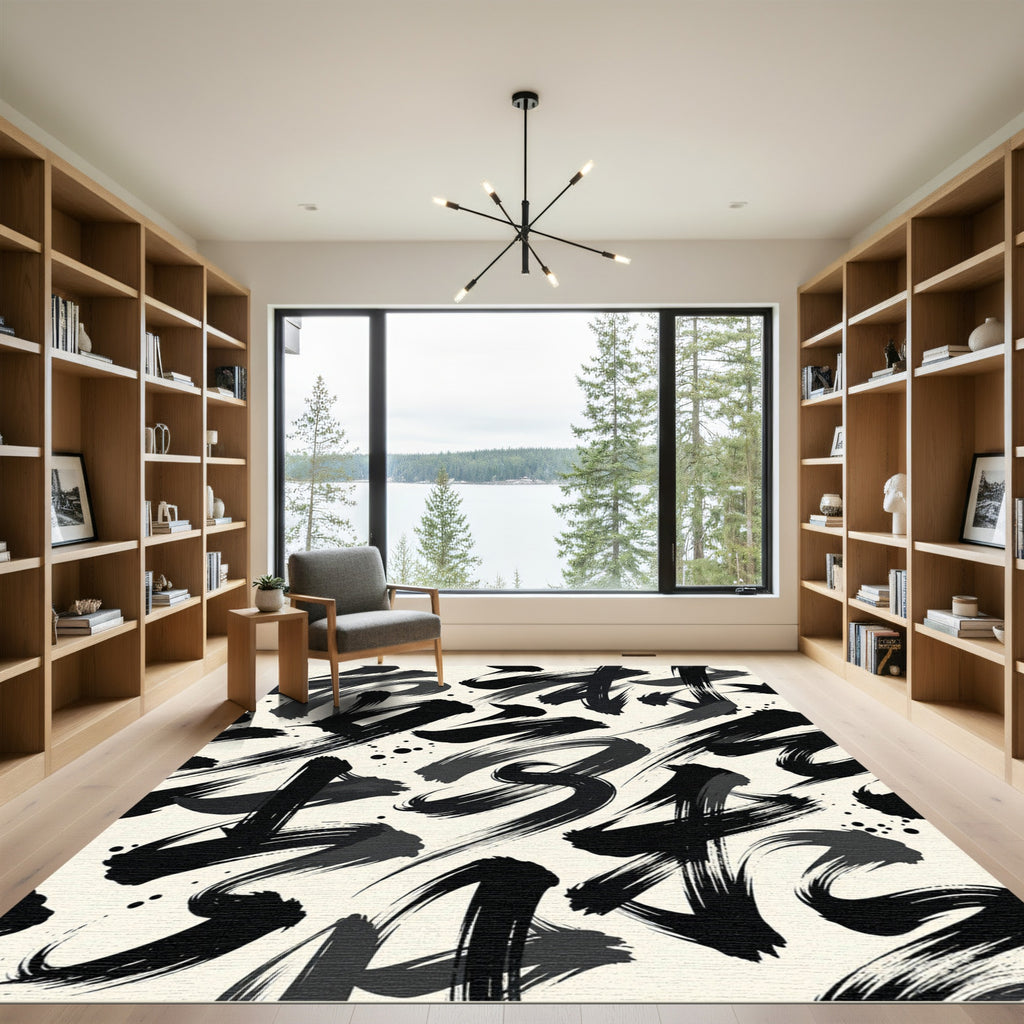 Bold Black Ink Brushstroke Composition Rug