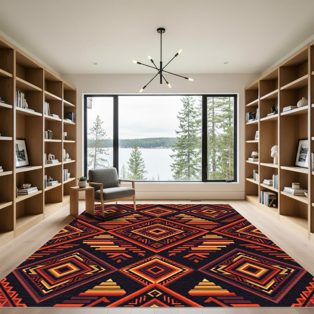Fiery Geometric Diamond Zigzag Rug