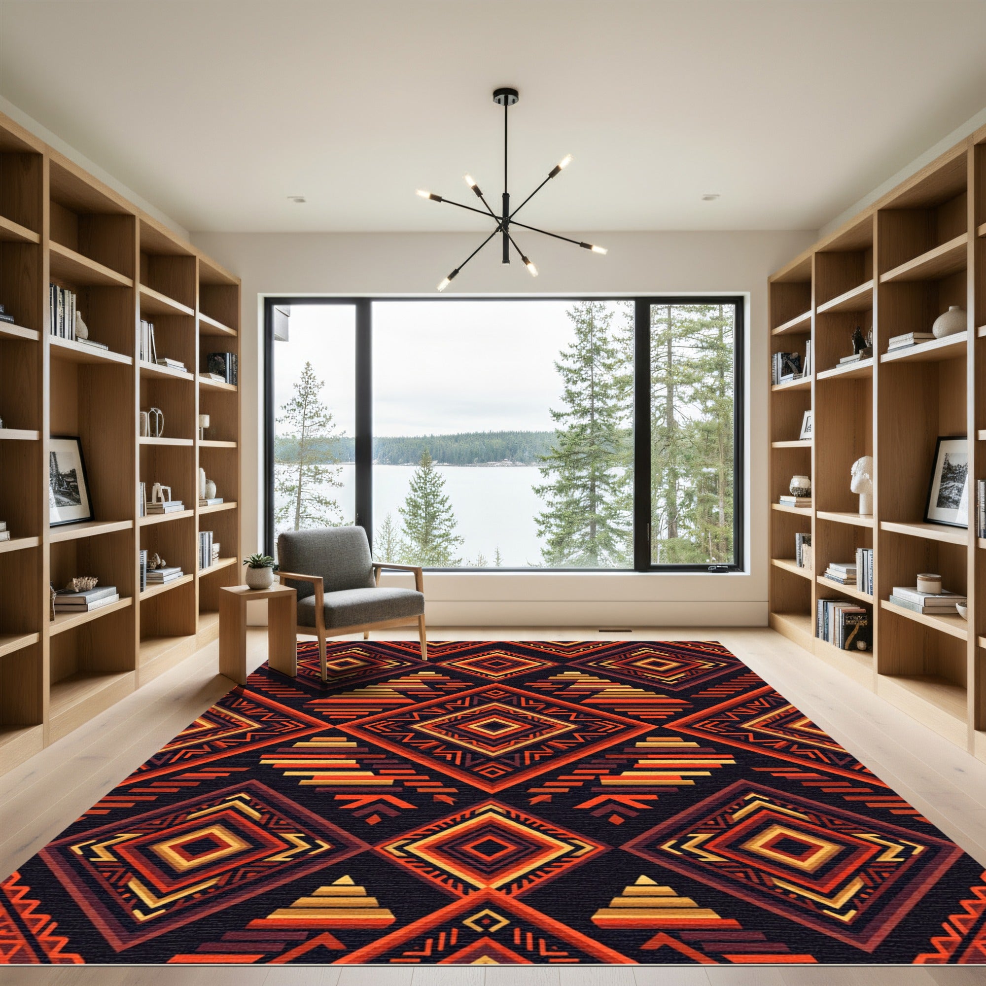 Fiery Geometric Diamond Zigzag Rug