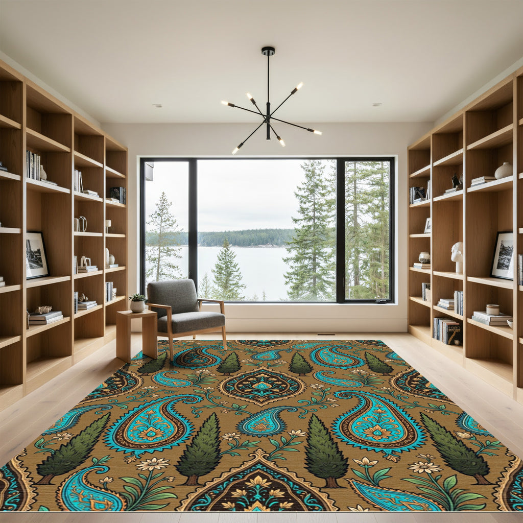 Teal Paisley Botanical Cypress Woodland Rug