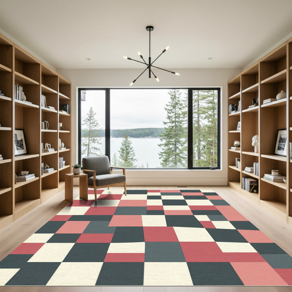 Modern Geometric Block Grid in Muted Coral and Slate Rug