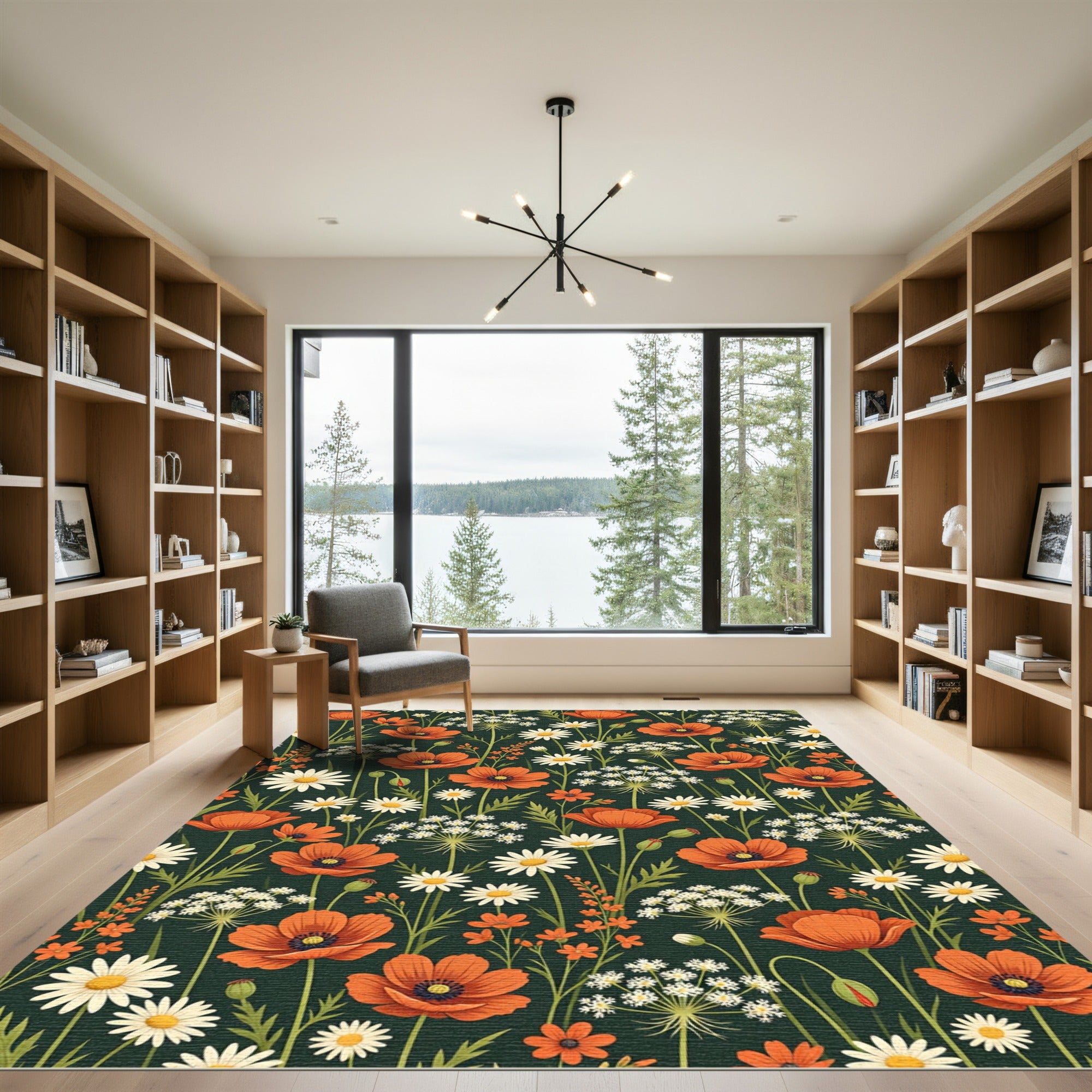 Botanical Orange Poppy Daisy Meadow Rug