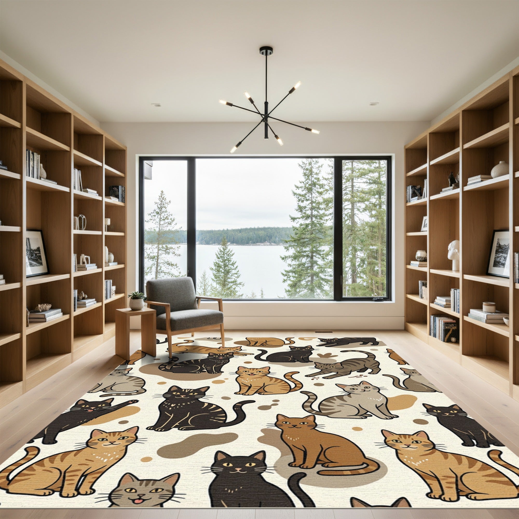 Whimsical Brown Tonal Feline Illustration Rug
