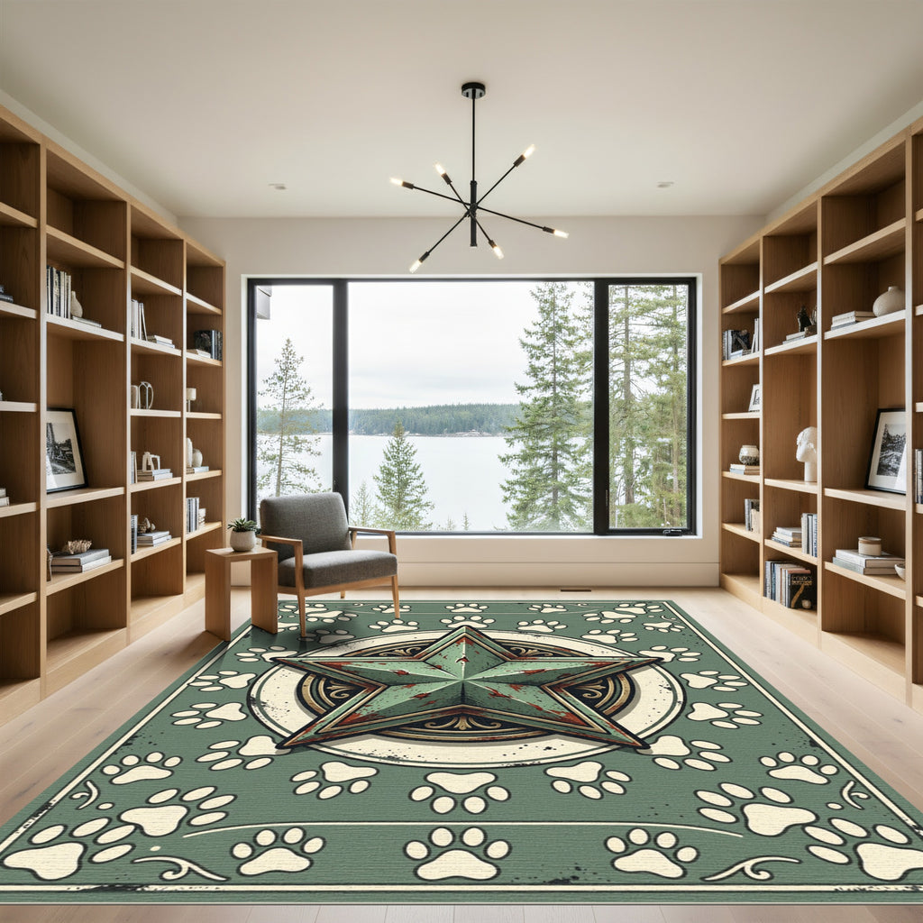 Distressed Sage Green Star Paw Emblem Rug