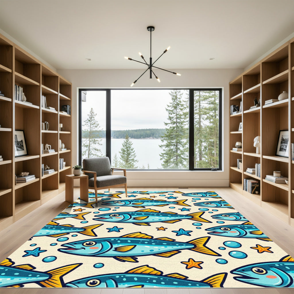 Playful Blue Fish and Starfish Rug