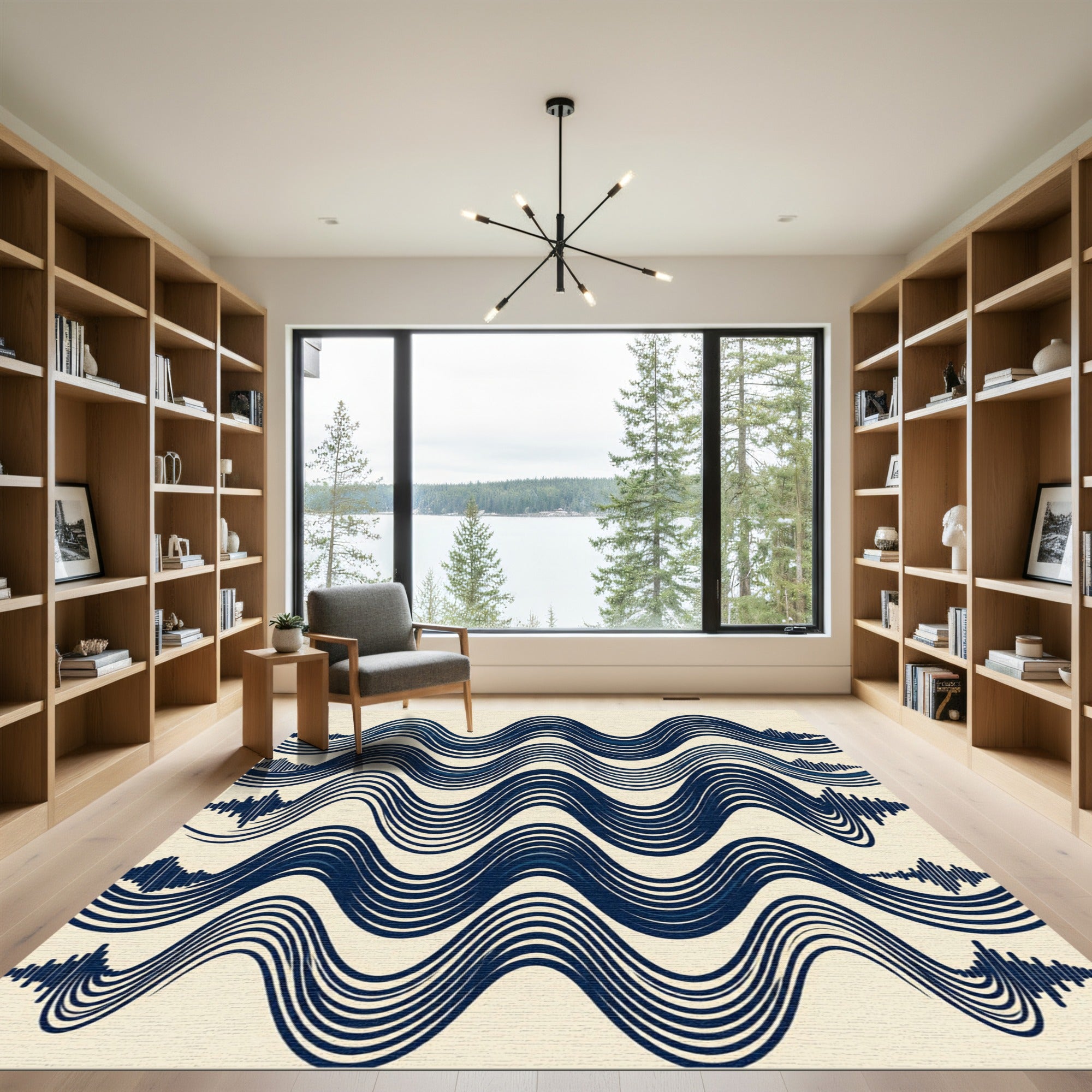 Navy Blue Abstract Wavy Linear Rug