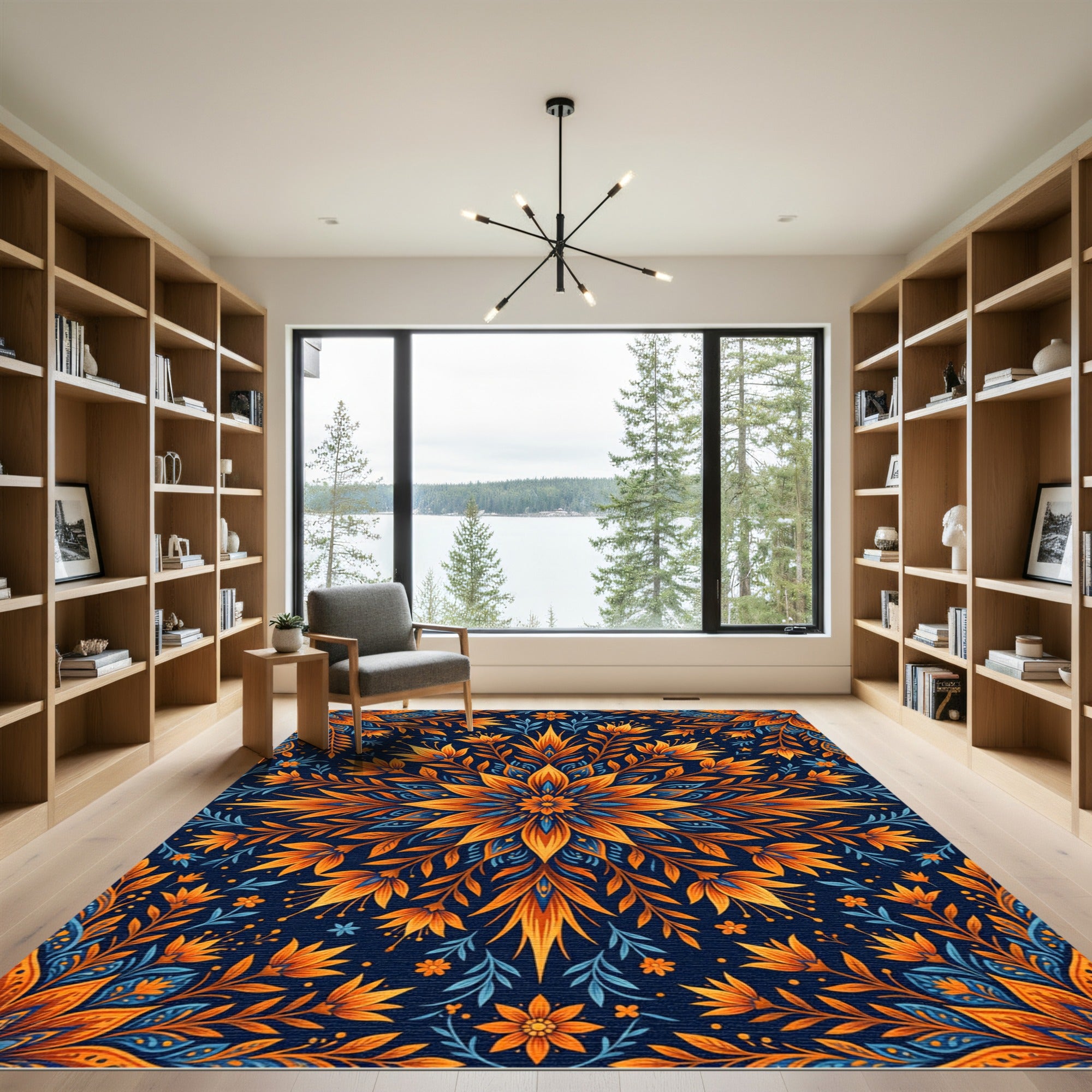 Vibrant Orange Blue Floral Mandala Rug