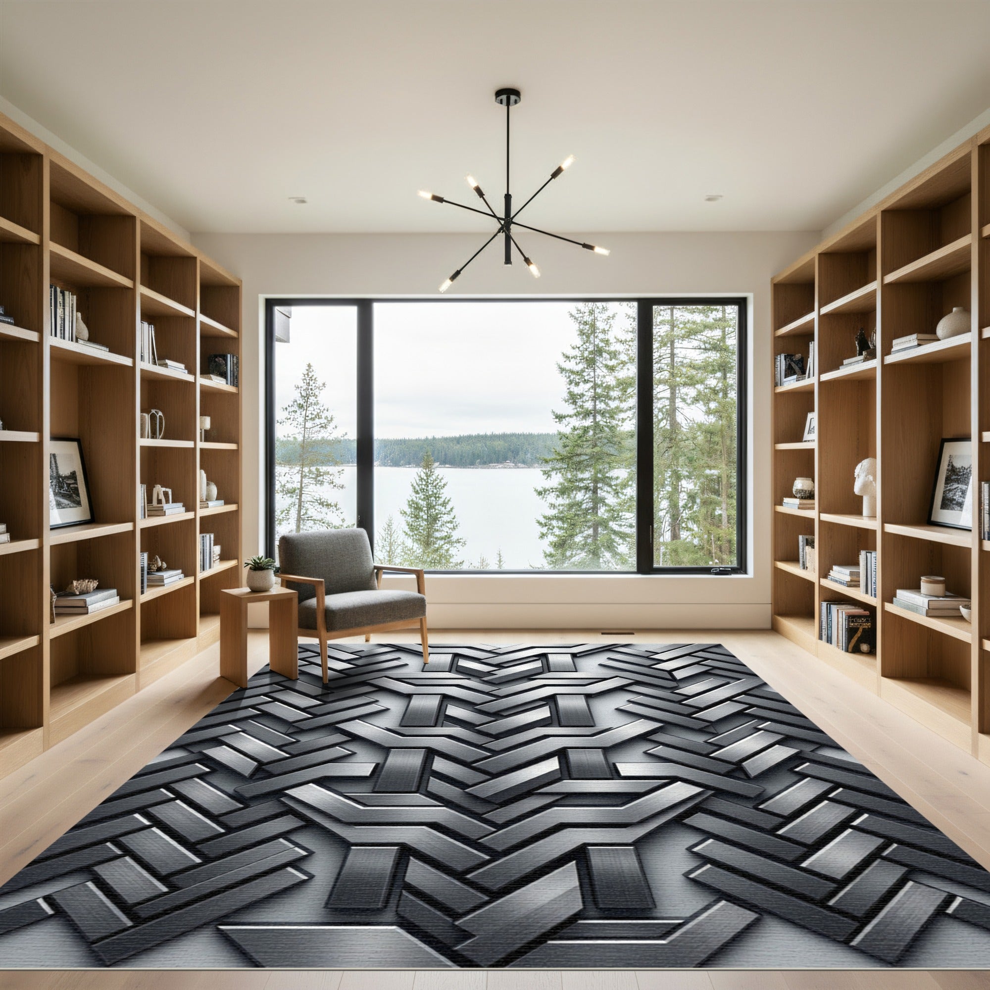 Metallic Silver Architectural Geometric Interlocking Rug