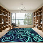 Deep Teal Abstract Fluid Wave Swirl Rug