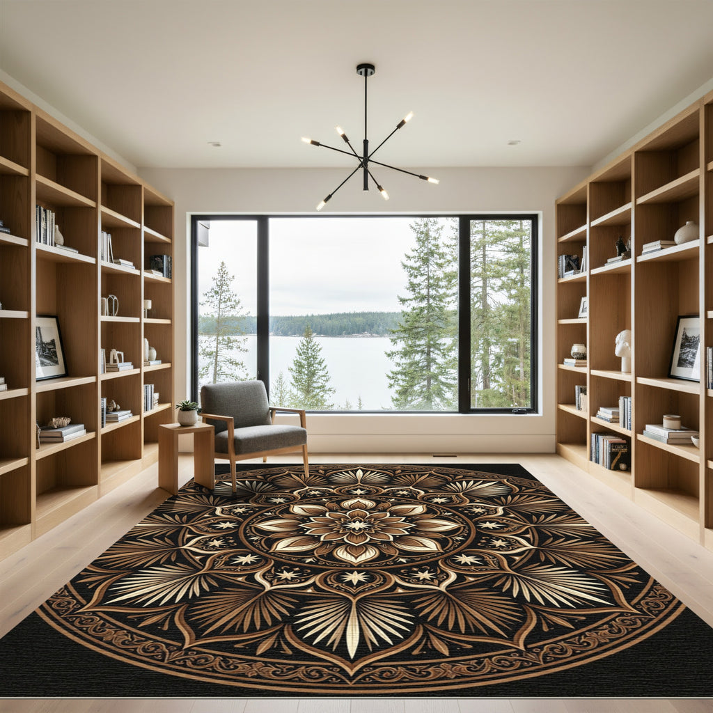 Elegant Brown Golden Floral Mandala Rug