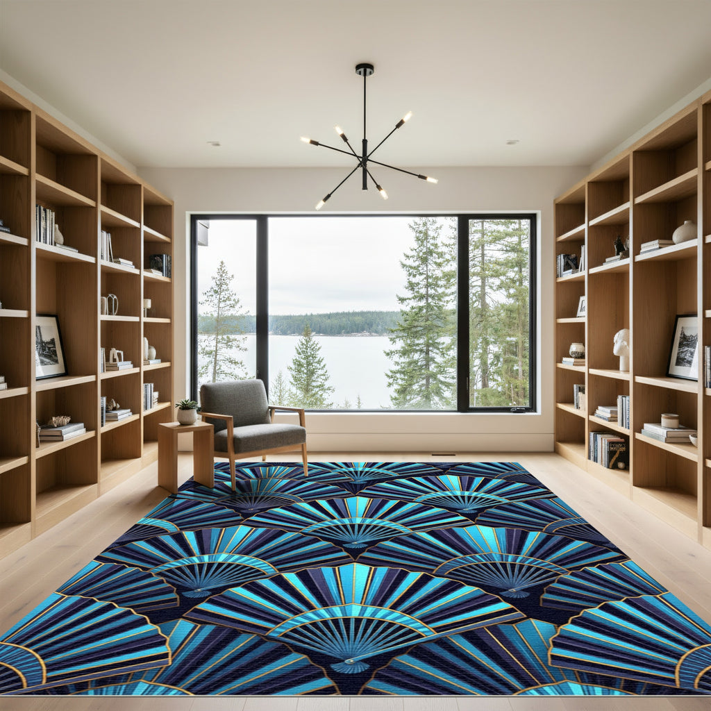 Art Deco Blue Gold Fan Repeat Rug