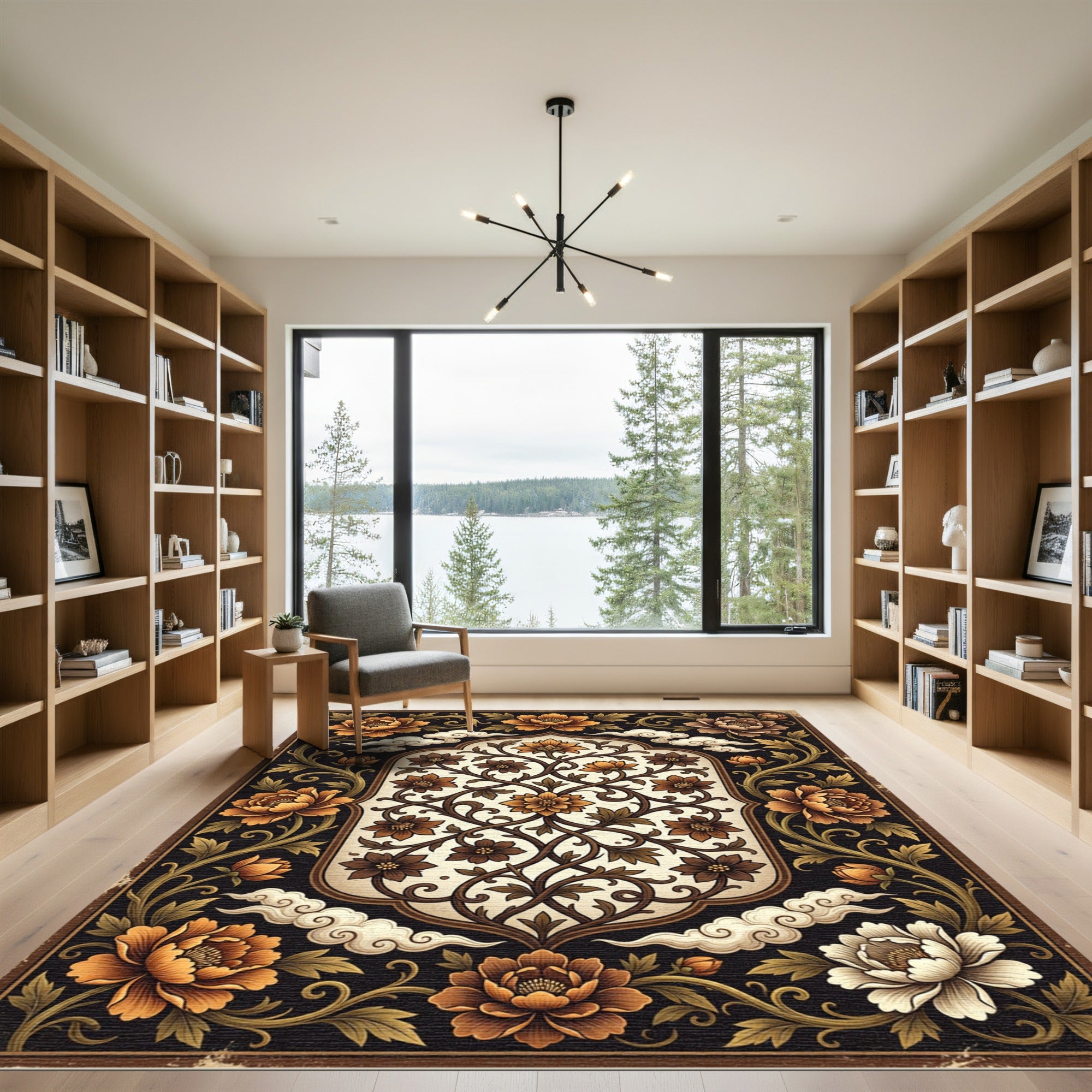 Ornate Golden Floral Scrollwork Rug