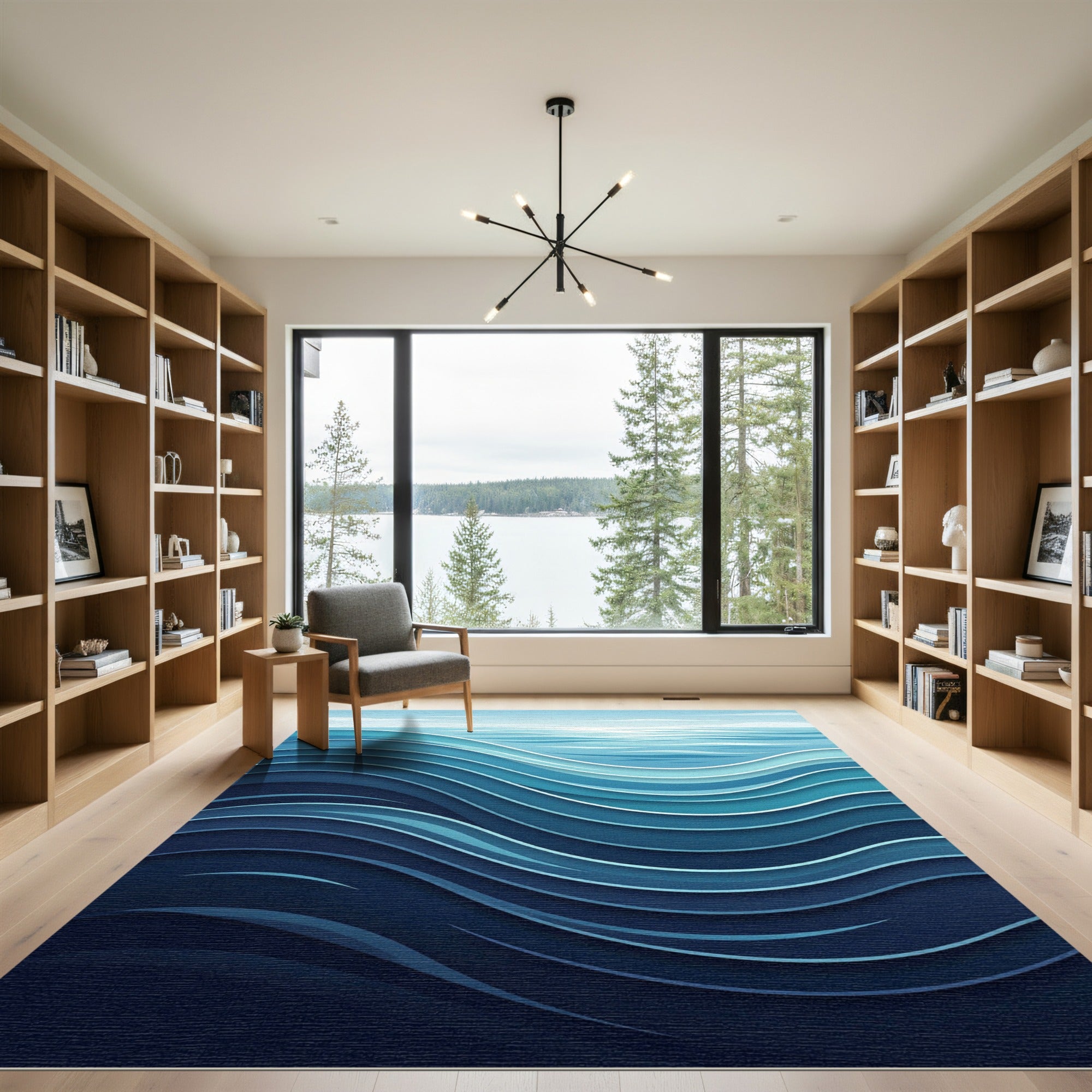 Oceanic Deep Blue Wavy Layers Rug
