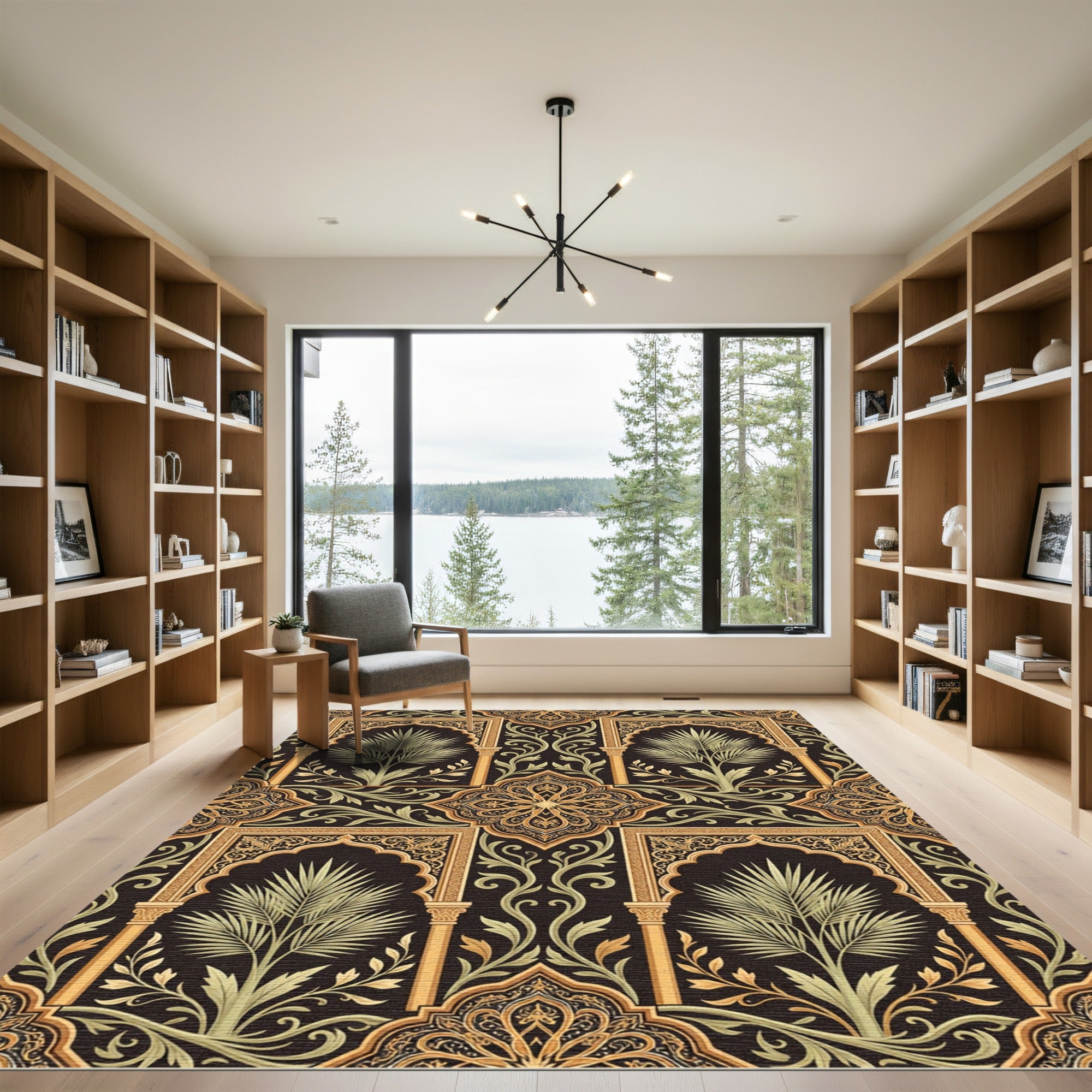 Ornate Black Gold Palm Archway Rug