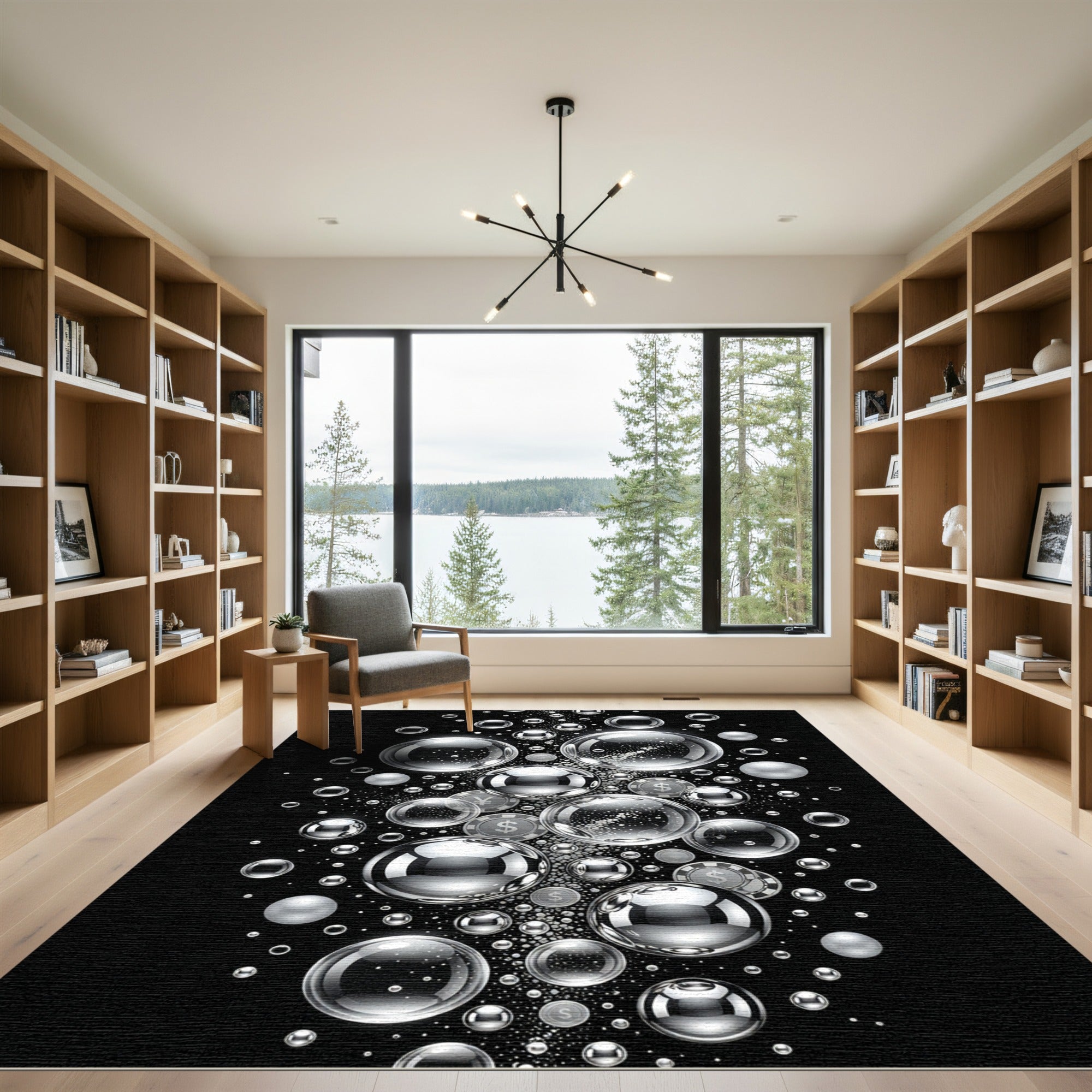 Monochrome Metallic Bubbles and Floating Currency Rug