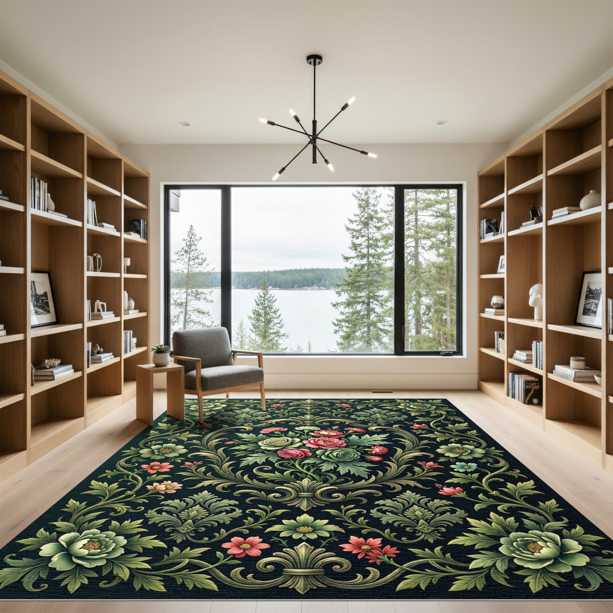 Ornate Emerald Floral Damask Scroll Rug
