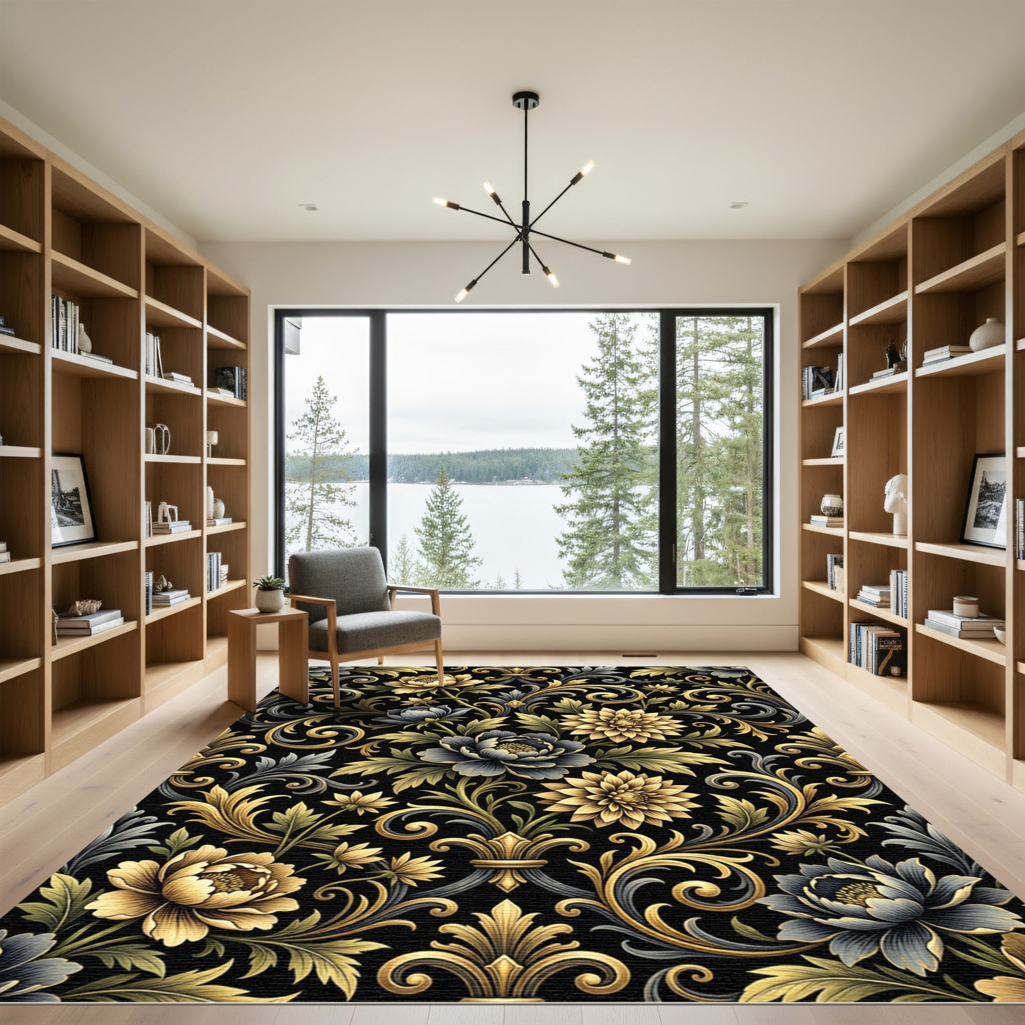 Gold Floral Baroque Damask Peony Swirl Rug