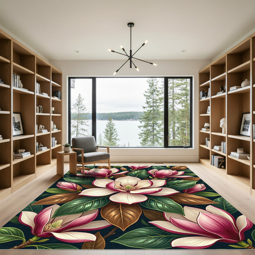 Elegant Magnolia Blossom Botanical Floral Rug