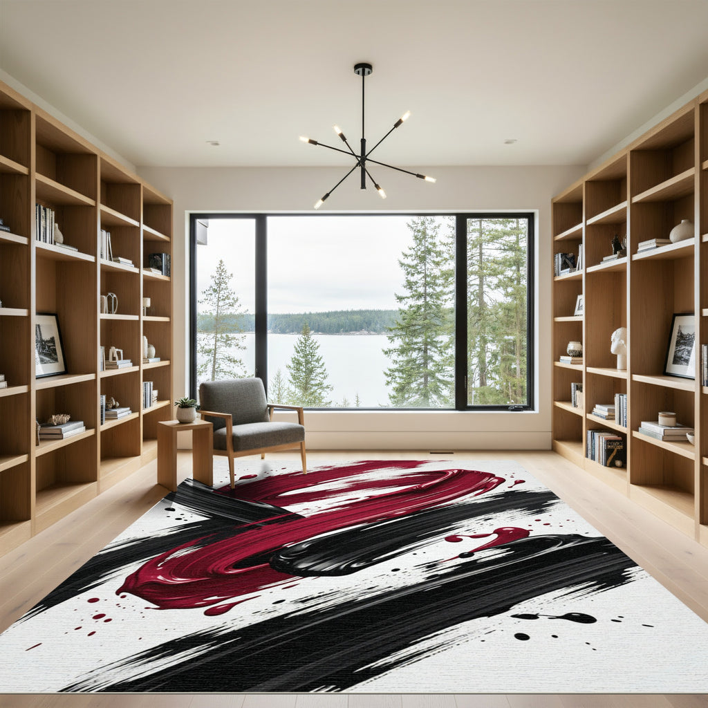Bold Crimson and Black Abstract Swirl Rug