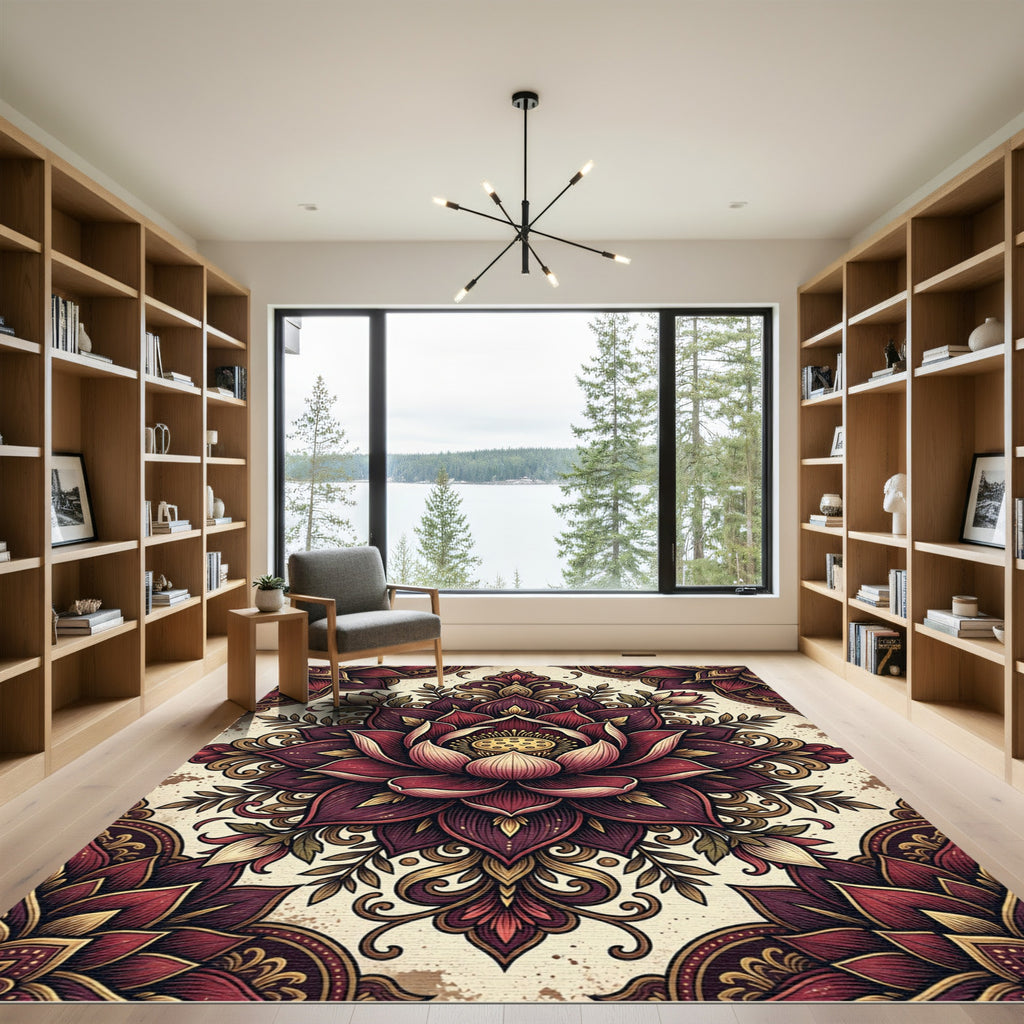 Rich Burgundy Lotus Mandala Overlay Rug