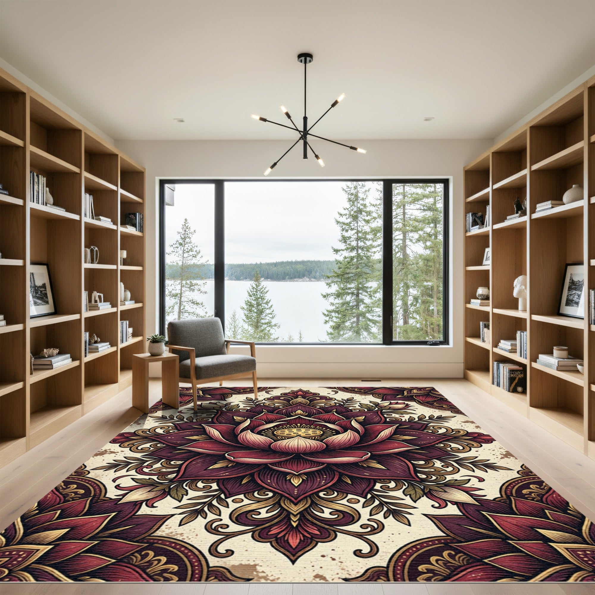 Rich Burgundy Lotus Mandala Overlay Rug