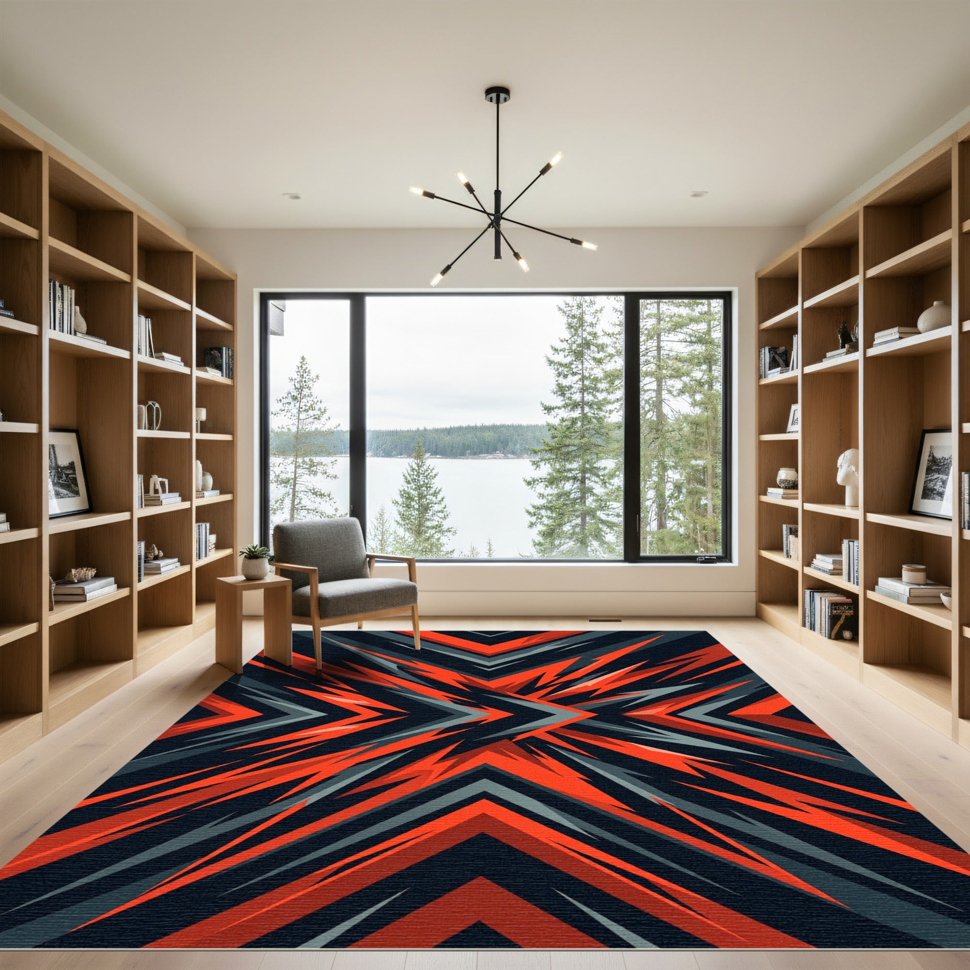 Dynamic Red And Charcoal Angular Abstract Rug