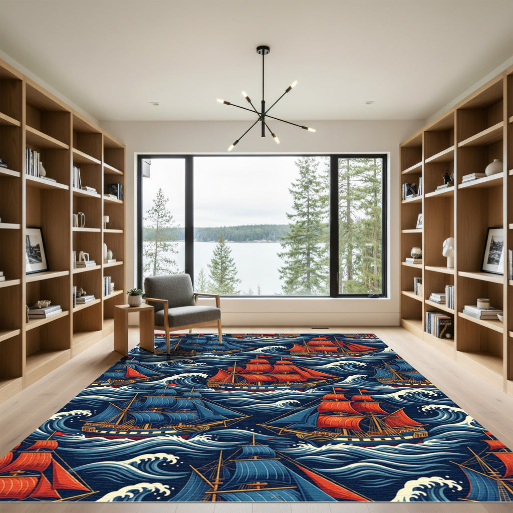 Dramatic Nautical Ship and Wave Scene Rug