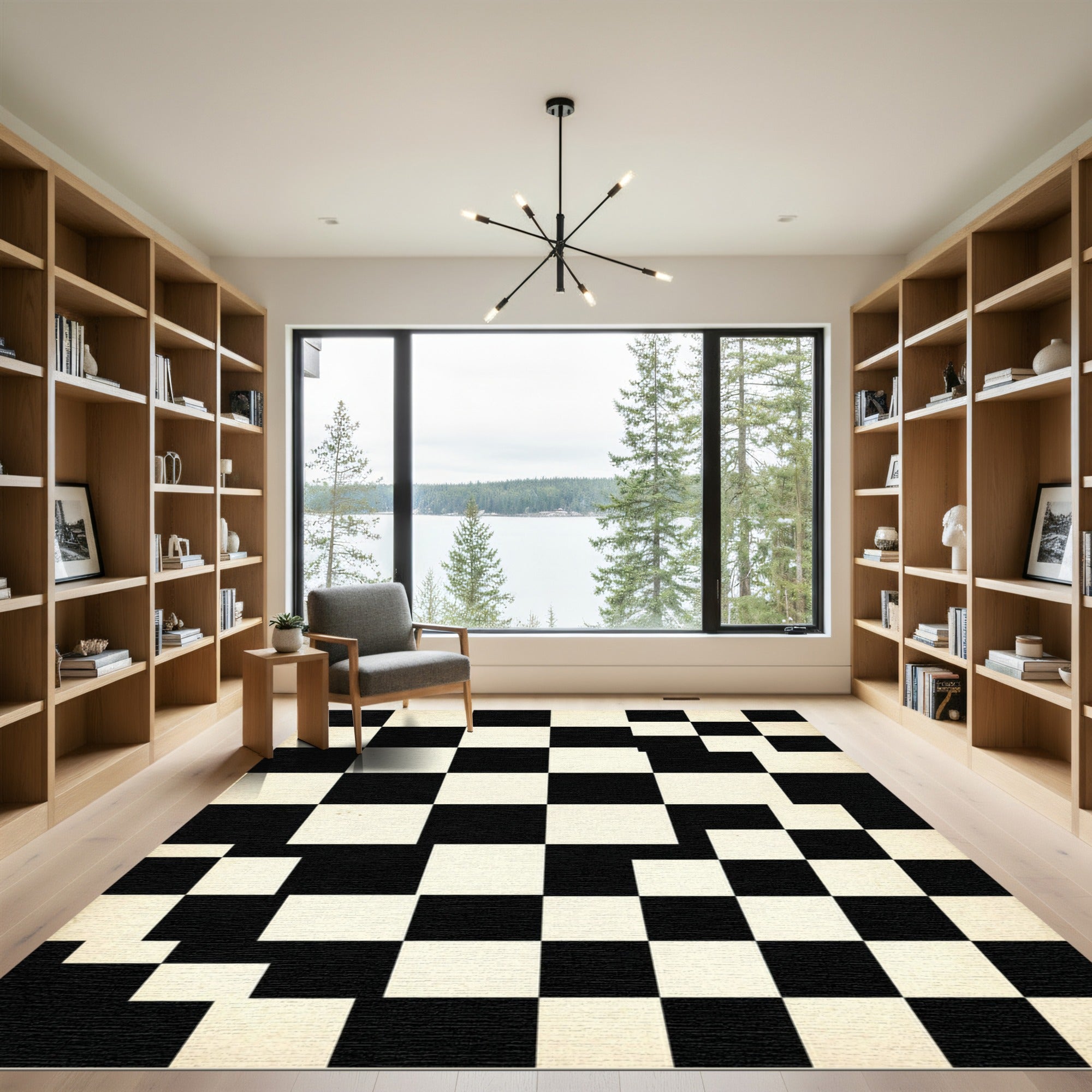 Minimalist Black and White Checkered Square Rug